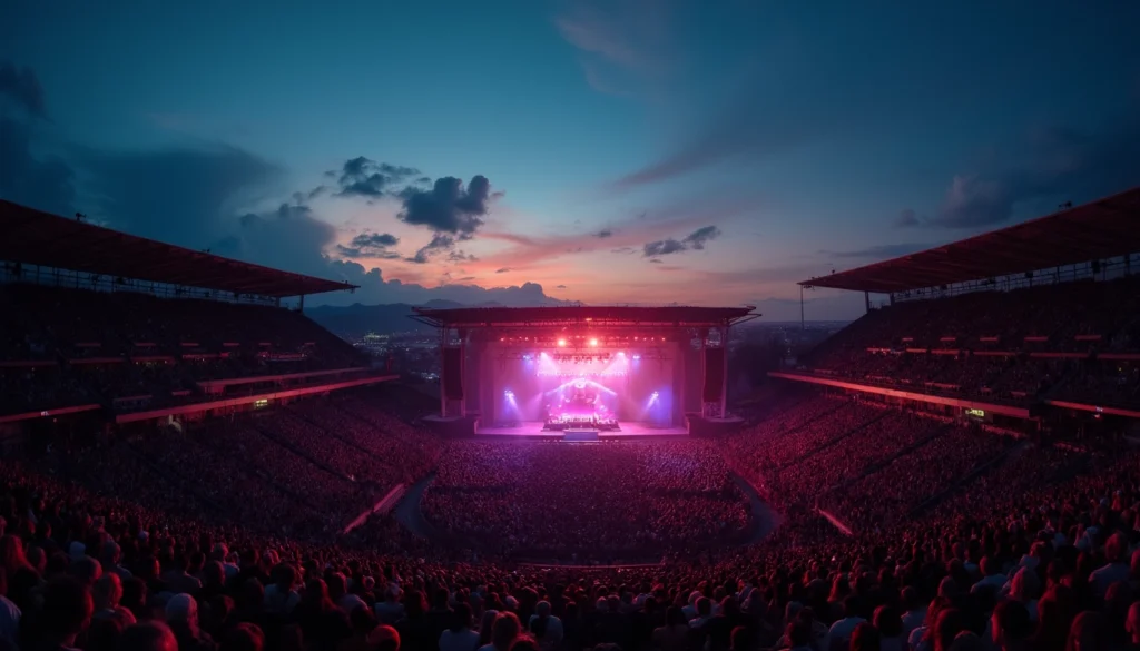 concert in large stadium at dusk